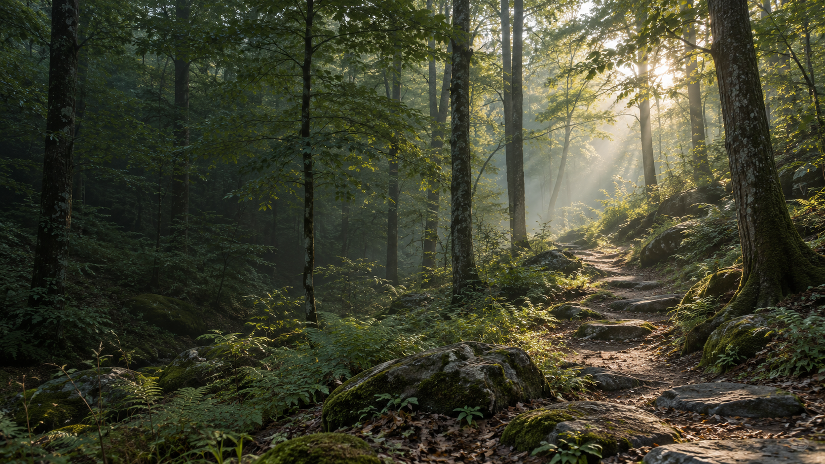 Morning light falling across a quiet woodland path